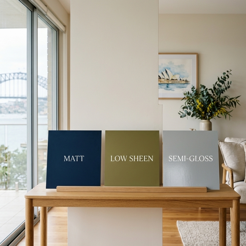 Comparing matt, low sheen and semi-gloss paint finishes on a Sydney living-room wall