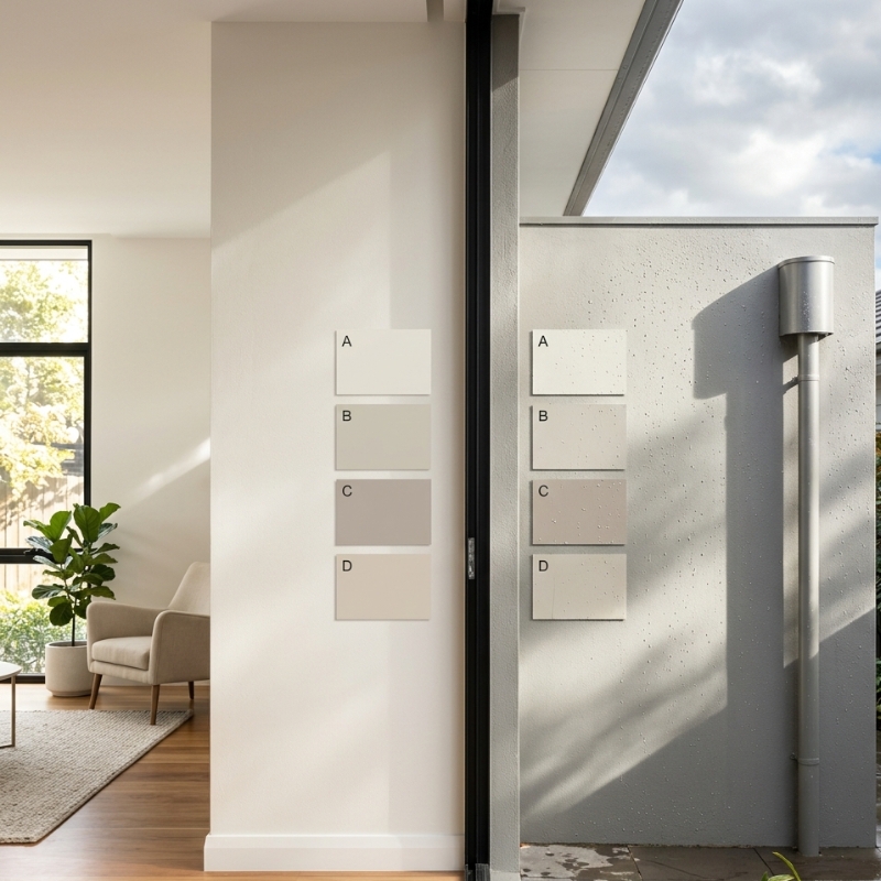 Interior and exterior painting colour samples on a Sydney home showing how natural light, weather and surface texture affect paint choices.