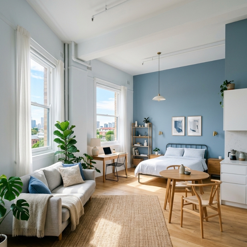 Sydney studio apartment looks larger with cool white walls and blue accent feature”