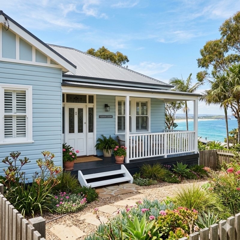 Freshly painted Sydney coastal weatherboard home exterior protected from salt air damage