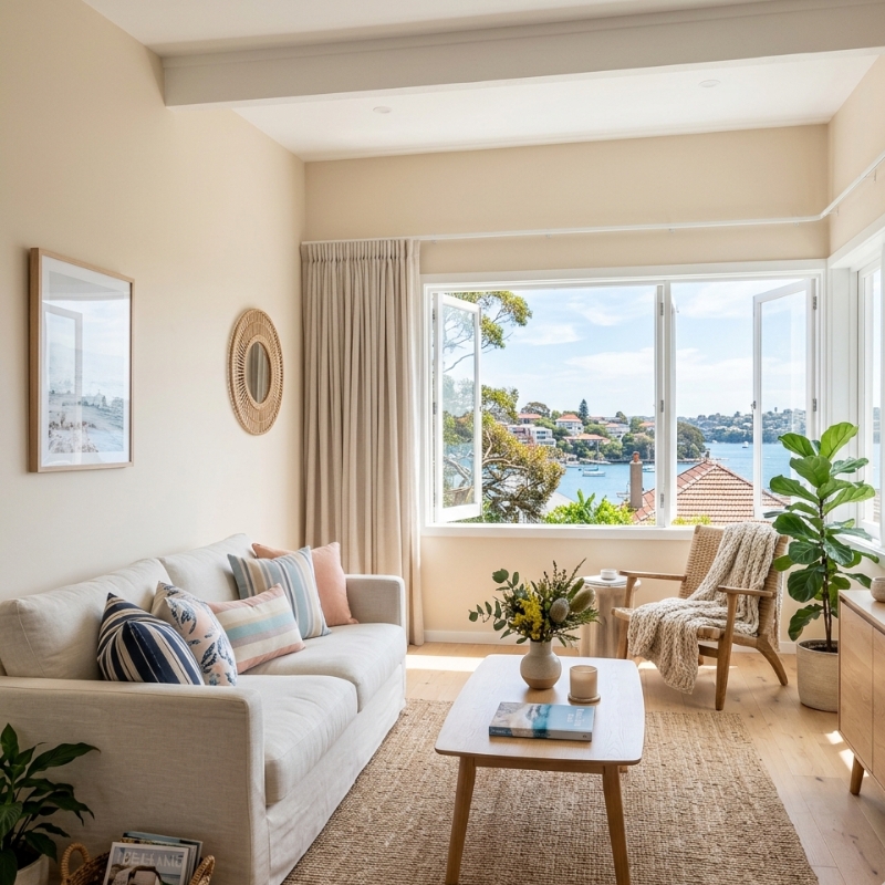 Sydney living room freshly painted with low-VOC interior paint and natural light